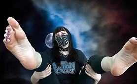 Satan worships goth chubby Girl black painted nails and large feet are a tease
